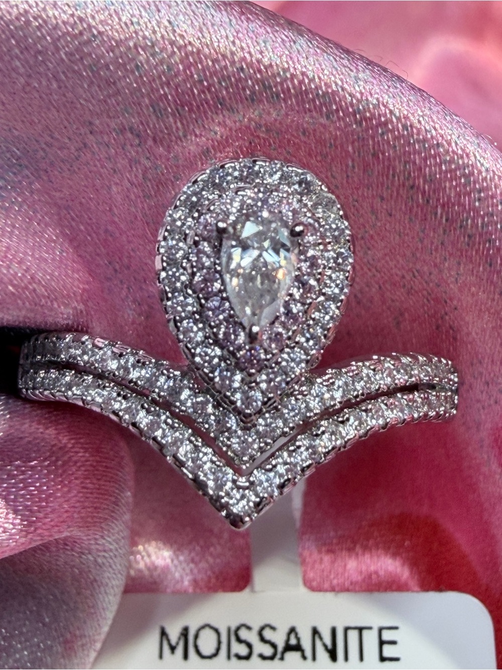 New Shimmering Moissanite Elegant Ring with Double Halo and Double “V” Design
